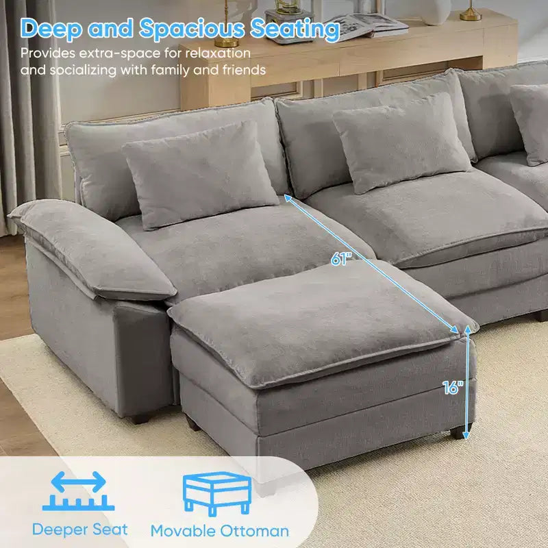 Mjkone Canapé modulaire sectionnel en forme de U de 118 pouces, canapé-lit nuage en chenille à 5 places avec ottomans et coussin épaissi