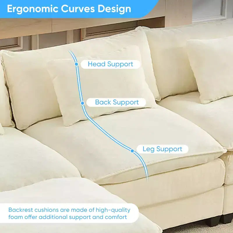 Mjkone Canapé modulaire sectionnel en forme de U de 118 pouces, canapé-lit nuage en chenille à 5 places avec ottomans et coussin épaissi