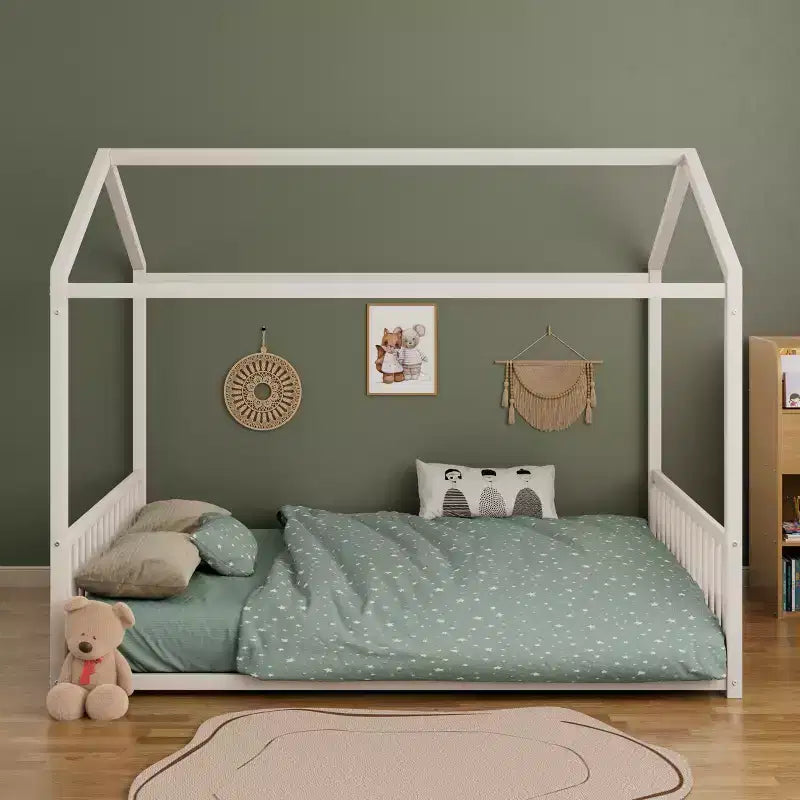 Cadre de lit en métal GDFStudio Avery de taille normale avec forme de maison et barrières de sécurité