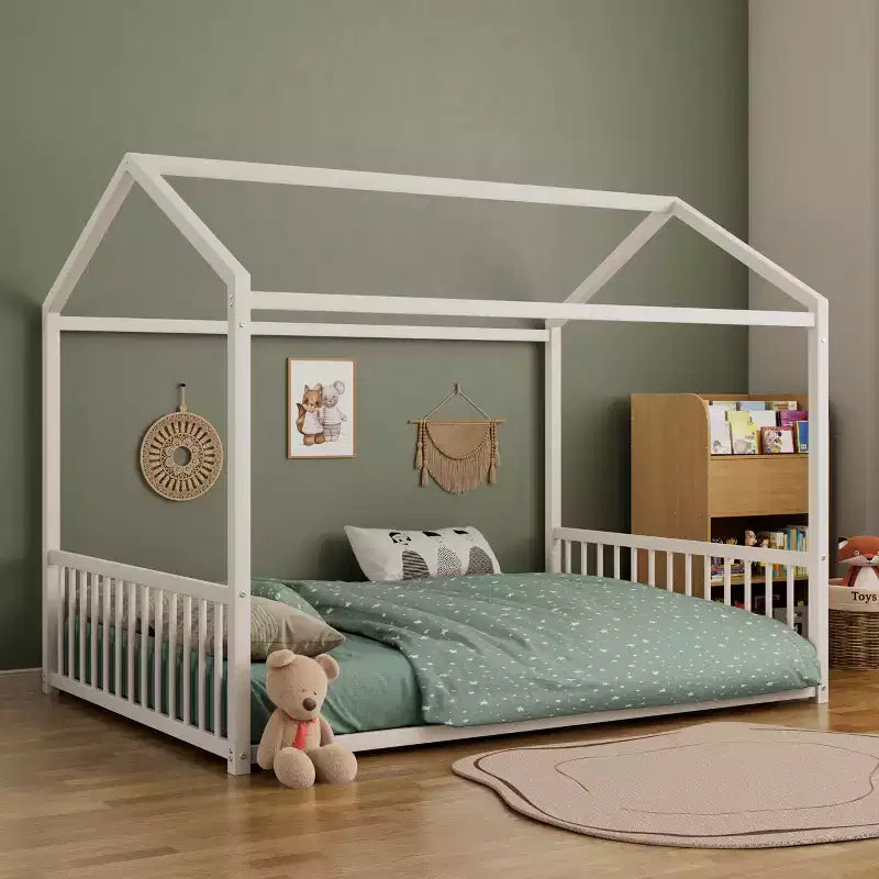 Cadre de lit en métal GDFStudio Avery de taille normale avec forme de maison et barrières de sécurité