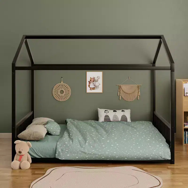 Cadre de lit en métal GDFStudio Avery de taille normale avec forme de maison et barrières de sécurité