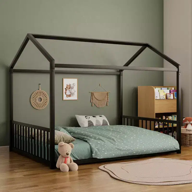 Cadre de lit en métal GDFStudio Avery de taille normale avec forme de maison et barrières de sécurité