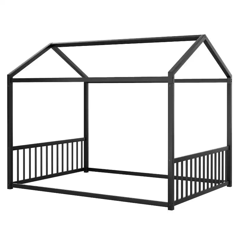 Cadre de lit en métal GDFStudio Avery de taille normale avec forme de maison et barrières de sécurité