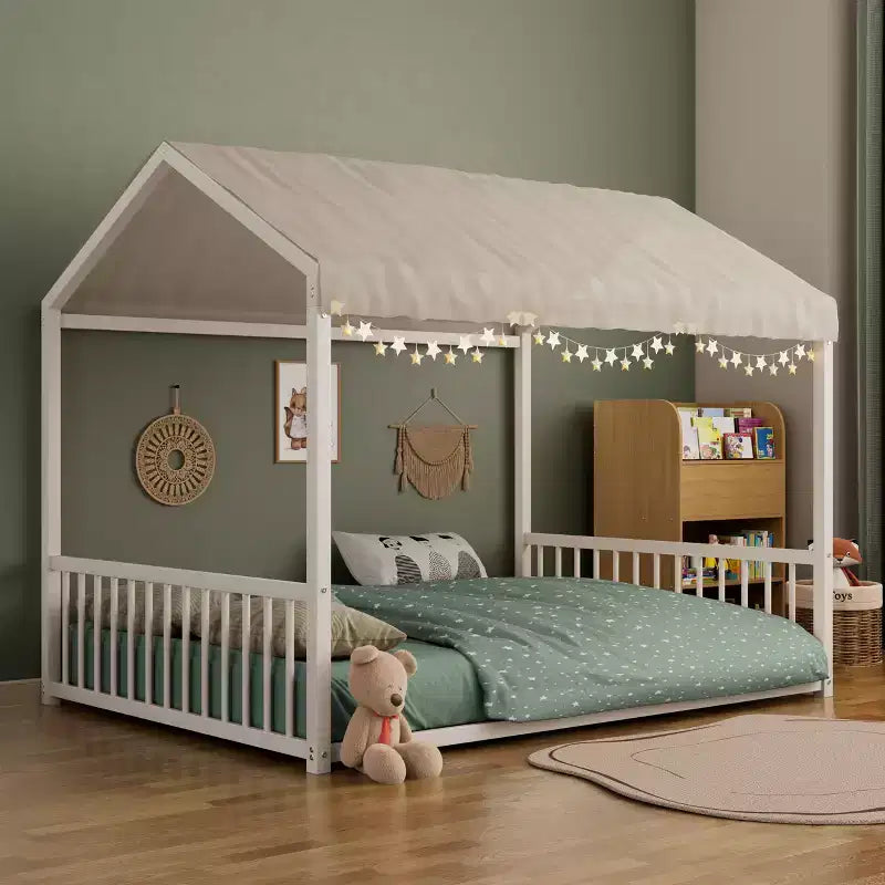 Cadre de lit en métal GDFStudio Avery de taille normale avec forme de maison et barrières de sécurité