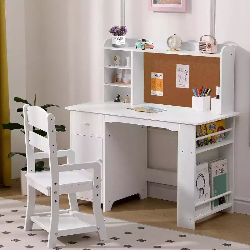 COZONY Bureau et Chaise pour Enfants, Bureau d'étude en Bois avec Étagère, Tableau d'affichage, Tiroir, Armoire pour Garçons et Filles, Chaise Réglable, pour les 3-8 Ans