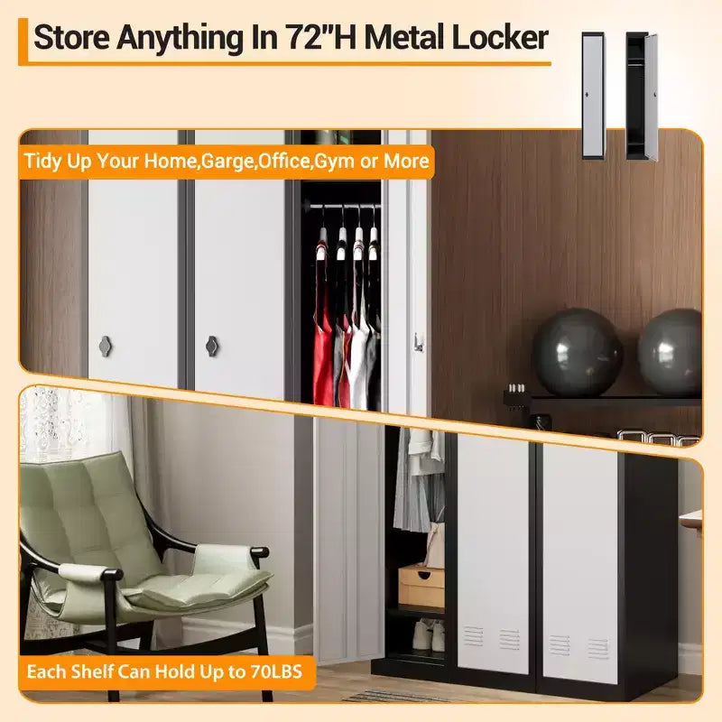 COZONY 72 Casier de rangement industriel en acier robuste avec clés, armoire de rangement industrielle avec étagères réglables et ventilation pour salle de sport, bureau, école, usage domestique
