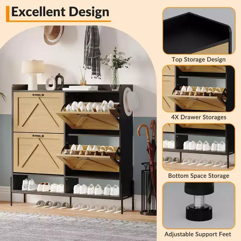 COZONY Meuble à chaussures avec 4 tiroirs à abattant - Organisateur de rangement de chaussures autoportant avec pieds en métal, séparation sec/humide pour entrée