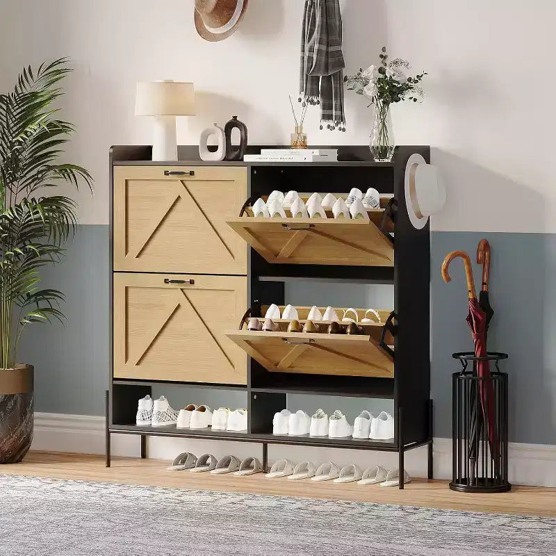 COZONY Meuble à chaussures avec 4 tiroirs à abattant - Organisateur de rangement de chaussures autoportant avec pieds en métal, séparation sec/humide pour entrée