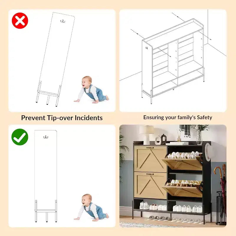 COZONY Meuble à chaussures avec 4 tiroirs à abattant - Organisateur de rangement de chaussures autoportant avec pieds en métal, séparation sec/humide pour entrée