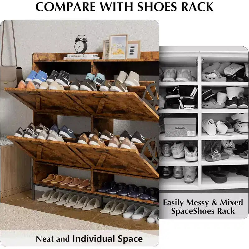 COZONY Meuble à chaussures avec 4 tiroirs à abattant - Organisateur de rangement de chaussures autoportant avec pieds en métal, séparation sec/humide pour entrée