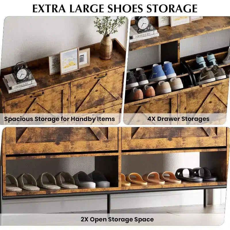 COZONY Meuble à chaussures avec 4 tiroirs à abattant - Organisateur de rangement de chaussures autoportant avec pieds en métal, séparation sec/humide pour entrée