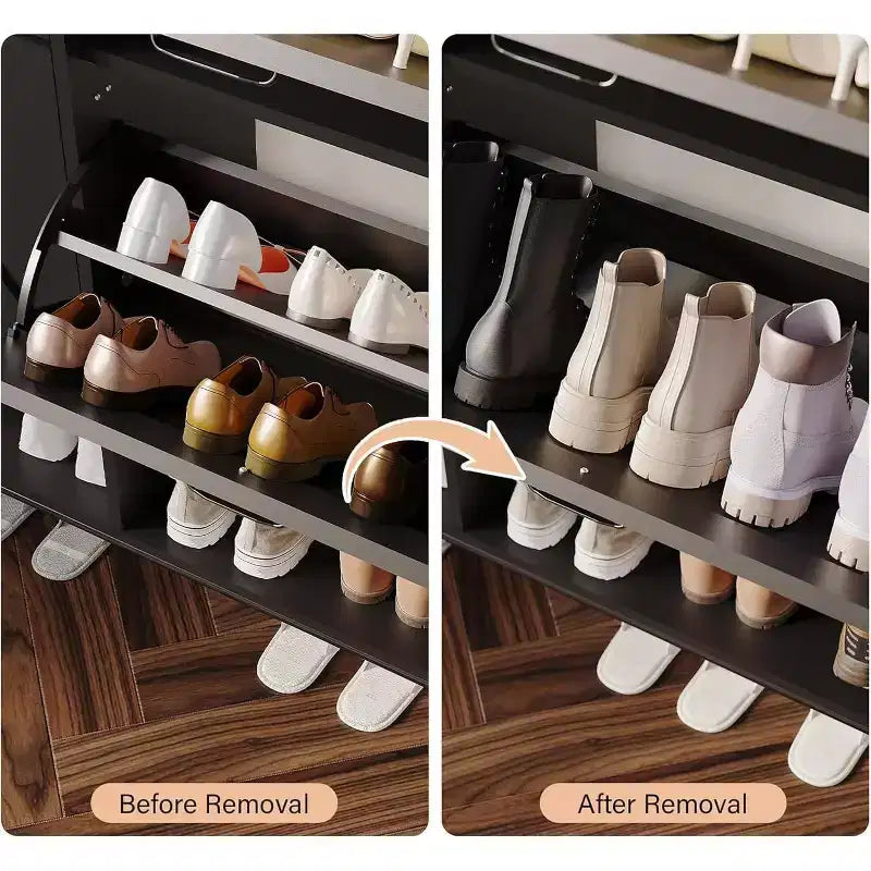 COZONY Meuble à chaussures avec 4 tiroirs à abattant - Organisateur de rangement de chaussures autoportant avec pieds en métal, séparation sec/humide pour entrée