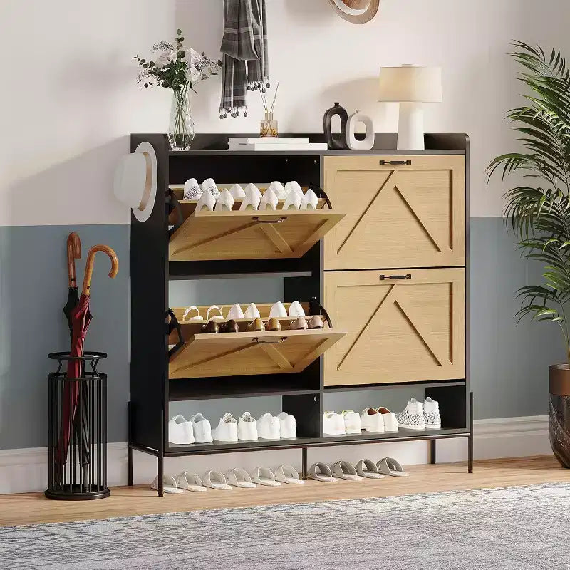COZONY Meuble à chaussures avec 4 tiroirs à abattant - Organisateur de rangement de chaussures autoportant avec pieds en métal, séparation sec/humide pour entrée