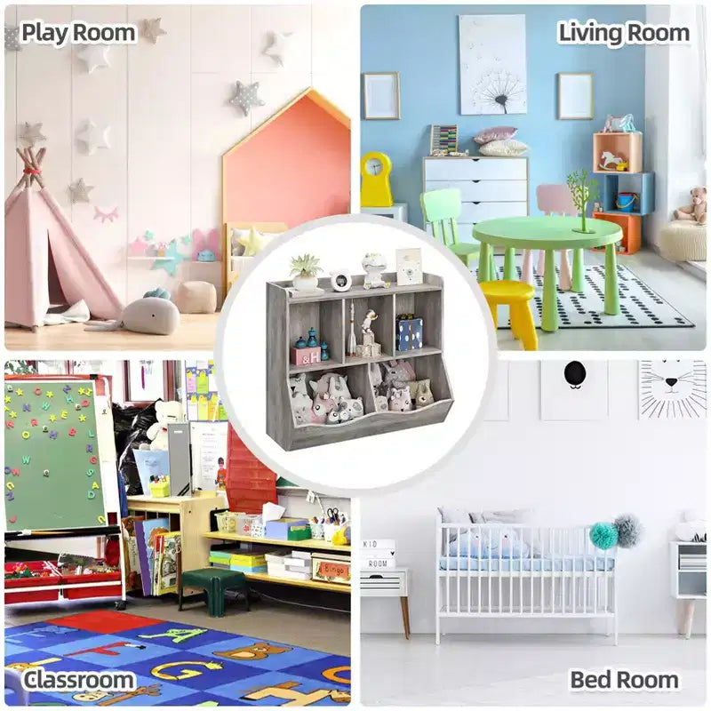 Meuble de rangement pour jouets pour enfants avec 3 étagères ouvertes et 2 bacs inclinables pour livres et jouets, design anti-basculement, meuble en bois durable pour salle de jeux et chambre d'enfant