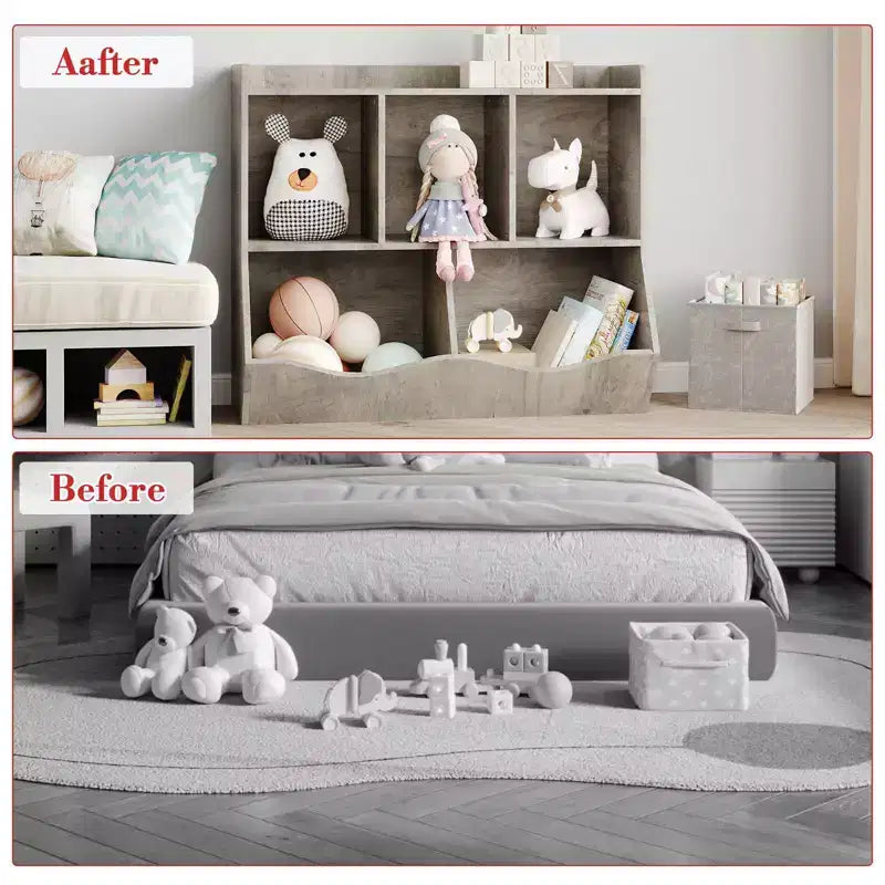 Meuble de rangement pour jouets pour enfants avec 3 étagères ouvertes et 2 bacs inclinables pour livres et jouets, design anti-basculement, meuble en bois durable pour salle de jeux et chambre d'enfant