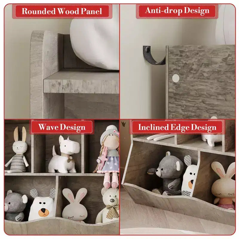 Meuble de rangement pour jouets pour enfants avec 3 étagères ouvertes et 2 bacs inclinables pour livres et jouets, design anti-basculement, meuble en bois durable pour salle de jeux et chambre d'enfant