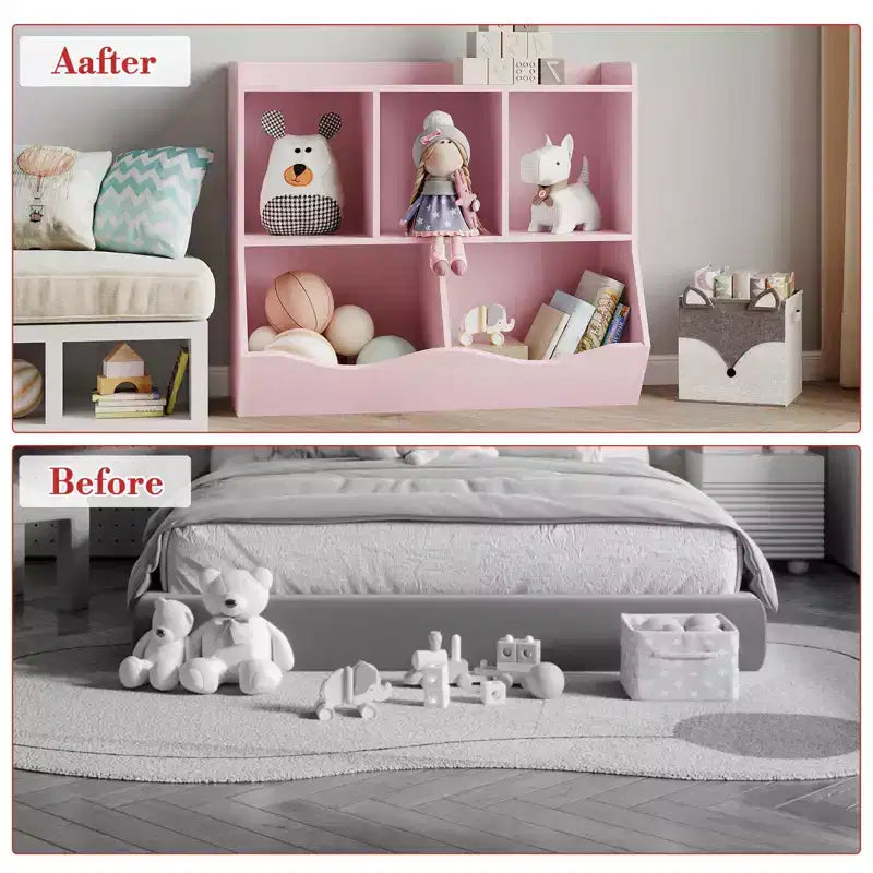 Meuble de rangement pour jouets pour enfants avec 3 étagères ouvertes et 2 bacs inclinables pour livres et jouets, design anti-basculement, meuble en bois durable pour salle de jeux et chambre d'enfant