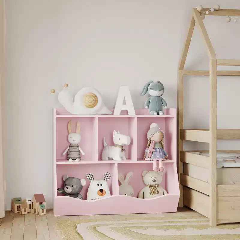 Meuble de rangement pour jouets pour enfants avec 3 étagères ouvertes et 2 bacs inclinables pour livres et jouets, design anti-basculement, meuble en bois durable pour salle de jeux et chambre d'enfant