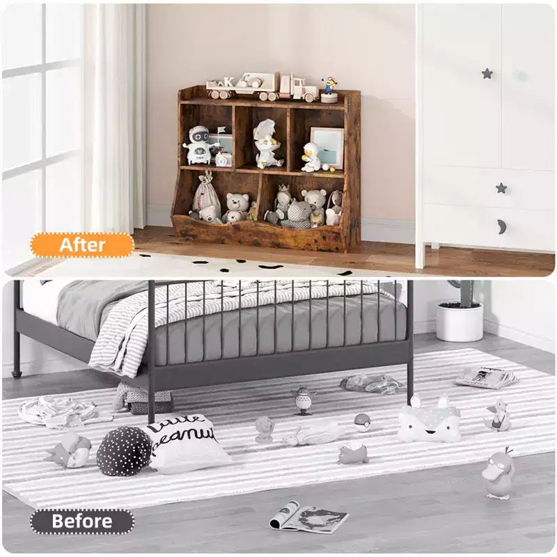 Meuble de rangement pour jouets pour enfants avec 3 étagères ouvertes et 2 bacs inclinables pour livres et jouets, design anti-basculement, meuble en bois durable pour salle de jeux et chambre d'enfant