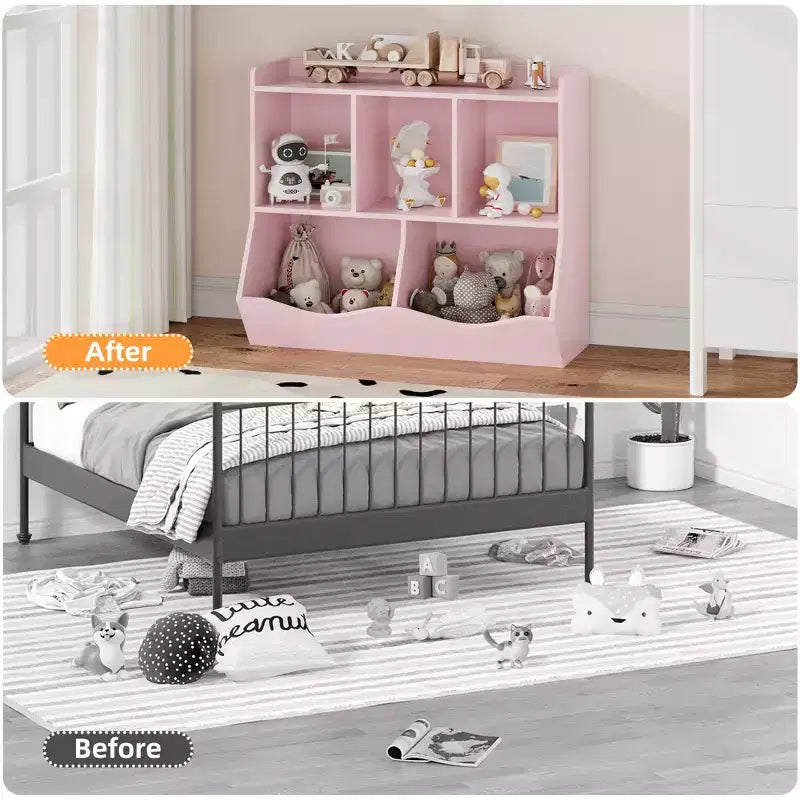 Meuble de rangement pour jouets pour enfants avec 3 étagères ouvertes et 2 bacs inclinables pour livres et jouets, design anti-basculement, meuble en bois durable pour salle de jeux et chambre d'enfant