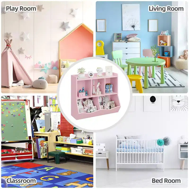 Meuble de rangement pour jouets pour enfants avec 3 étagères ouvertes et 2 bacs inclinables pour livres et jouets, design anti-basculement, meuble en bois durable pour salle de jeux et chambre d'enfant