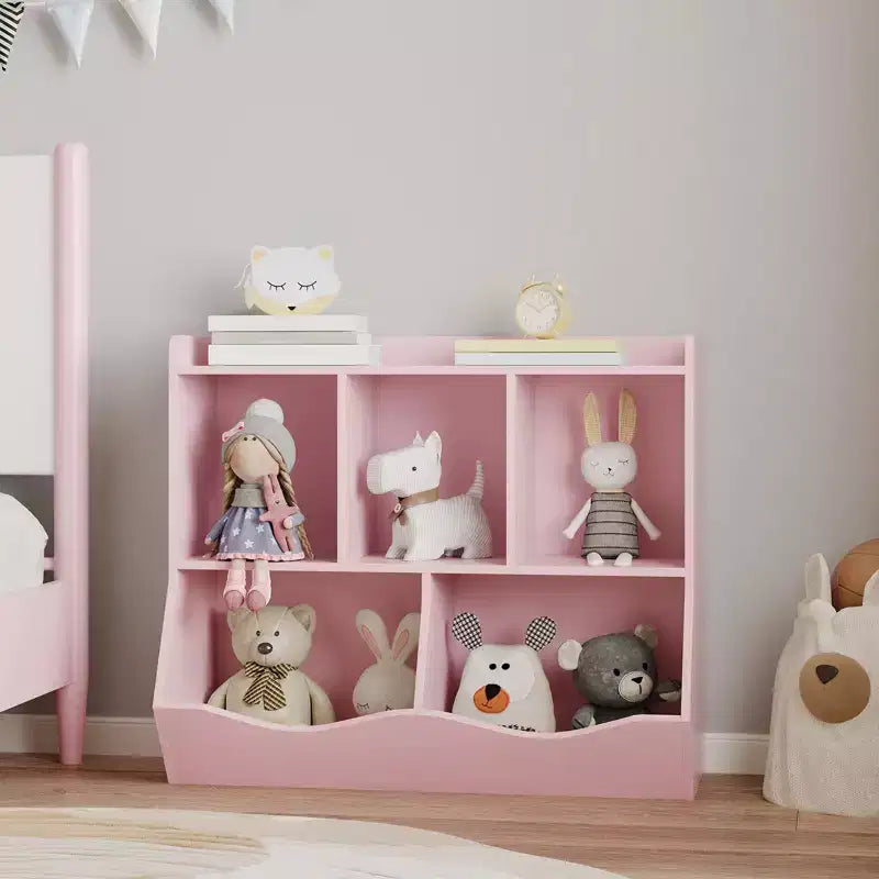 Meuble de rangement pour jouets pour enfants avec 3 étagères ouvertes et 2 bacs inclinables pour livres et jouets, design anti-basculement, meuble en bois durable pour salle de jeux et chambre d'enfant