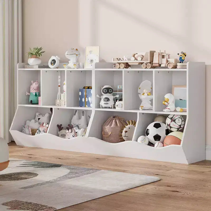Meuble de rangement pour jouets pour enfants avec 3 étagères ouvertes et 2 bacs inclinables pour livres et jouets, design anti-basculement, meuble en bois durable pour salle de jeux et chambre d'enfant