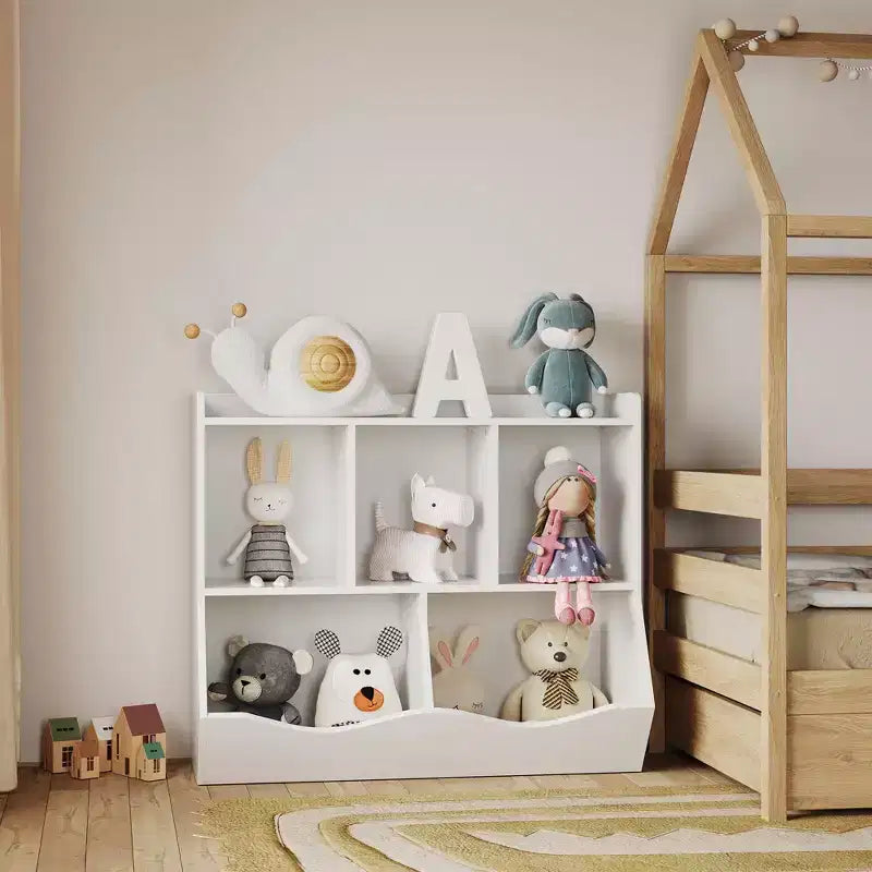 Meuble de rangement pour jouets pour enfants avec 3 étagères ouvertes et 2 bacs inclinables pour livres et jouets, design anti-basculement, meuble en bois durable pour salle de jeux et chambre d'enfant