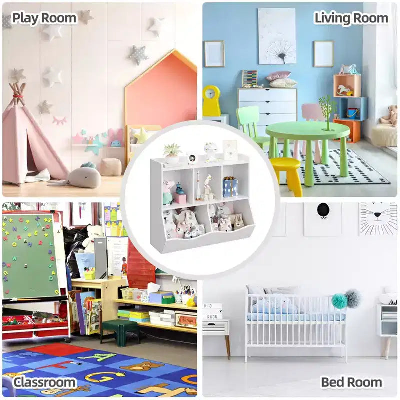 Meuble de rangement pour jouets pour enfants avec 3 étagères ouvertes et 2 bacs inclinables pour livres et jouets, design anti-basculement, meuble en bois durable pour salle de jeux et chambre d'enfant