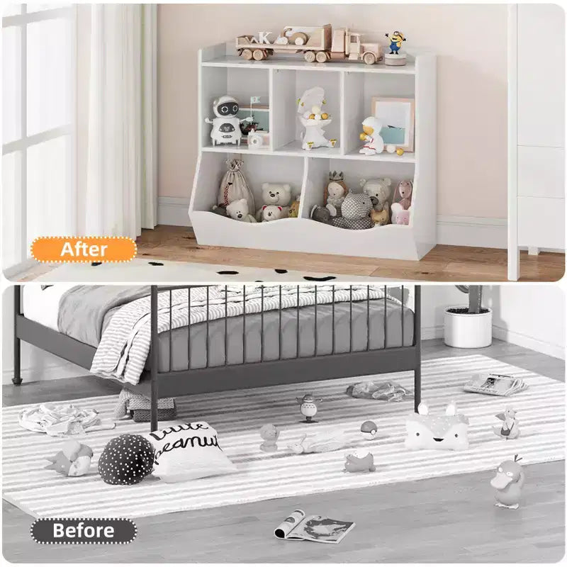 Meuble de rangement pour jouets pour enfants avec 3 étagères ouvertes et 2 bacs inclinables pour livres et jouets, design anti-basculement, meuble en bois durable pour salle de jeux et chambre d'enfant