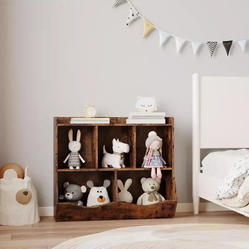 Meuble de rangement pour jouets pour enfants avec 3 étagères ouvertes et 2 bacs inclinables pour livres et jouets, design anti-basculement, meuble en bois durable pour salle de jeux et chambre d'enfant