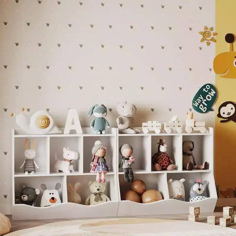 Meuble de rangement pour jouets pour enfants avec 3 étagères ouvertes et 2 bacs inclinables pour livres et jouets, design anti-basculement, meuble en bois durable pour salle de jeux et chambre d'enfant