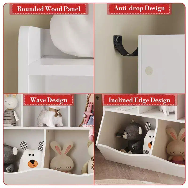Meuble de rangement pour jouets pour enfants avec 3 étagères ouvertes et 2 bacs inclinables pour livres et jouets, design anti-basculement, meuble en bois durable pour salle de jeux et chambre d'enfant