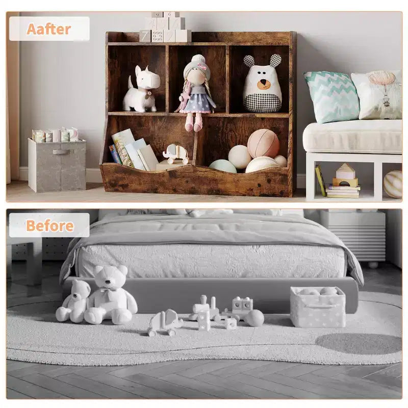 Meuble de rangement pour jouets pour enfants avec 3 étagères ouvertes et 2 bacs inclinables pour livres et jouets, design anti-basculement, meuble en bois durable pour salle de jeux et chambre d'enfant