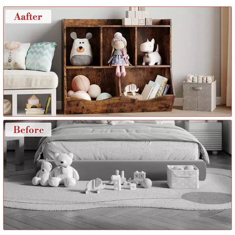 Meuble de rangement pour jouets pour enfants avec 3 étagères ouvertes et 2 bacs inclinables pour livres et jouets, design anti-basculement, meuble en bois durable pour salle de jeux et chambre d'enfant