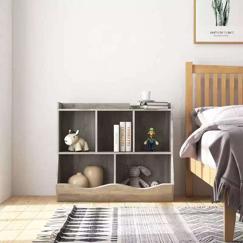 Meuble de rangement pour jouets pour enfants avec 3 étagères ouvertes et 2 bacs inclinables pour livres et jouets, design anti-basculement, meuble en bois durable pour salle de jeux et chambre d'enfant
