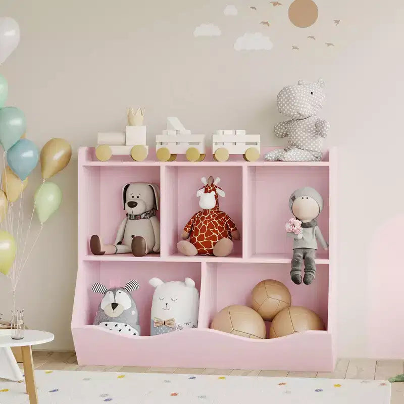 Meuble de rangement pour jouets pour enfants avec 3 étagères ouvertes et 2 bacs inclinables pour livres et jouets, design anti-basculement, meuble en bois durable pour salle de jeux et chambre d'enfant