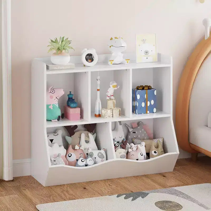 Meuble de rangement pour jouets pour enfants avec 3 étagères ouvertes et 2 bacs inclinables pour livres et jouets, design anti-basculement, meuble en bois durable pour salle de jeux et chambre d'enfant