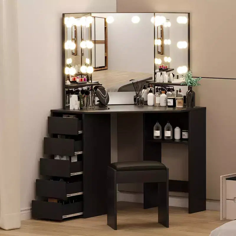 Coiffeuse d'angle avec miroir et lumière, Table de maquillage avec tabouret, Grande coiffeuse avec 5 tiroirs, Coiffeuse pour chambre à coucher