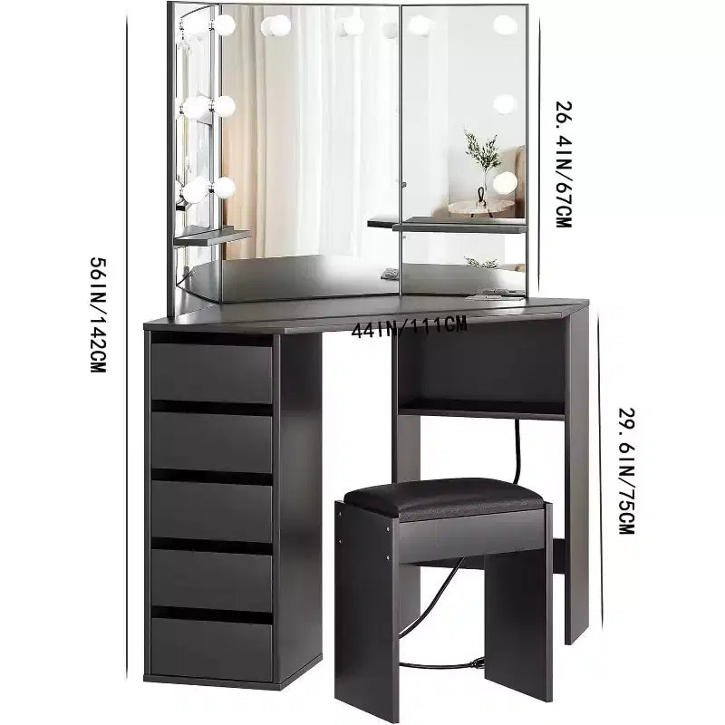 Coiffeuse d'angle avec miroir et lumière, Table de maquillage avec tabouret, Grande coiffeuse avec 5 tiroirs, Coiffeuse pour chambre à coucher