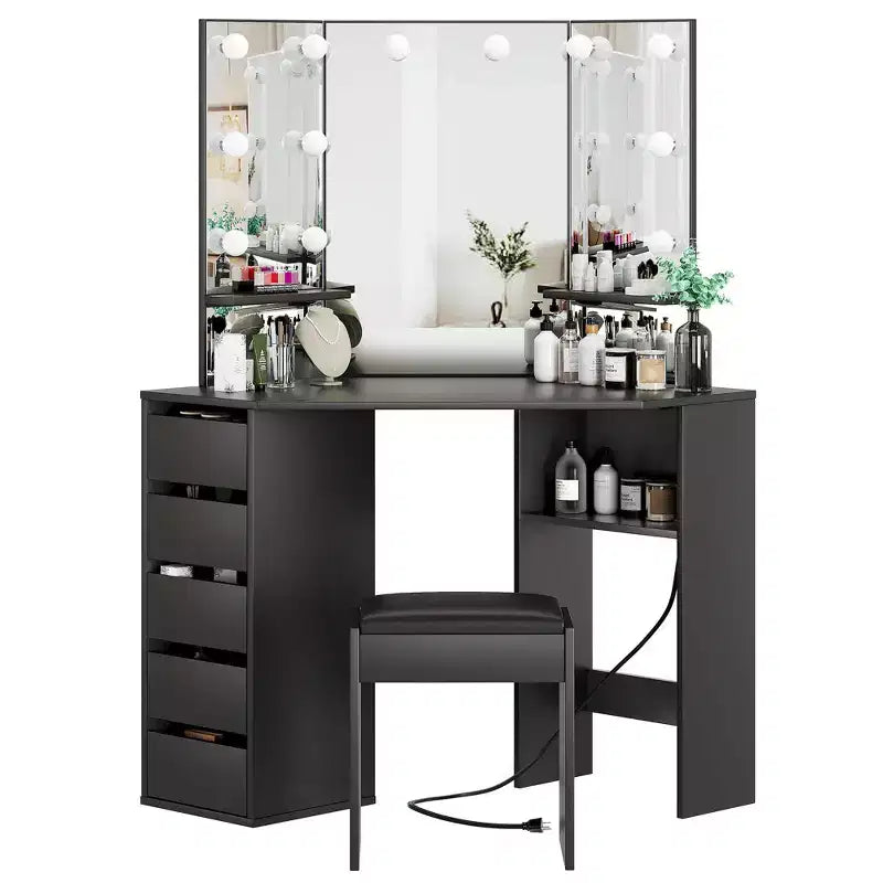 Coiffeuse d'angle avec miroir et lumière, Table de maquillage avec tabouret, Grande coiffeuse avec 5 tiroirs, Coiffeuse pour chambre à coucher