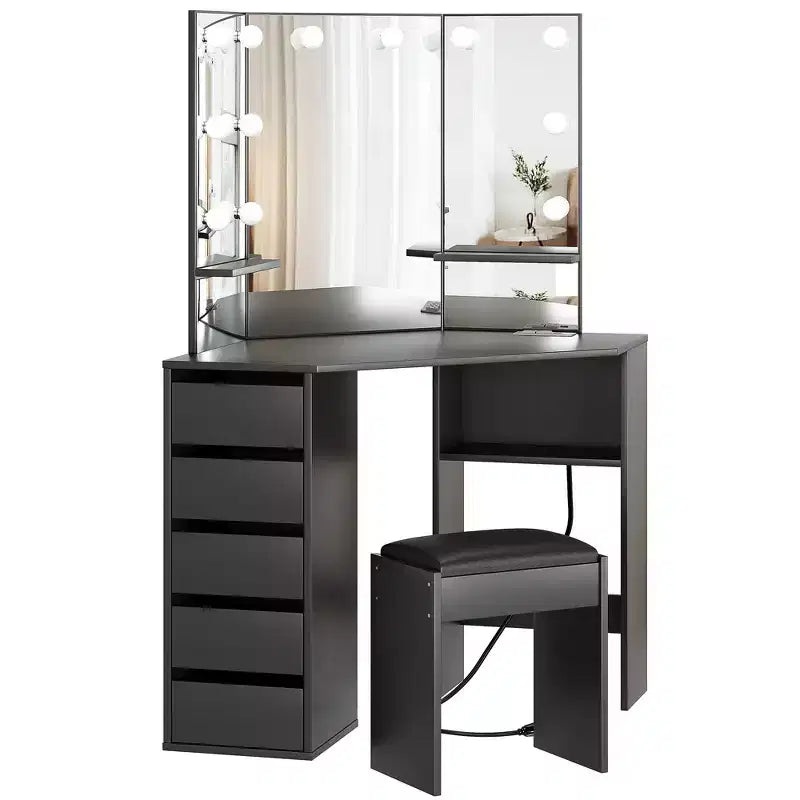 Coiffeuse d'angle avec miroir et lumière, Table de maquillage avec tabouret, Grande coiffeuse avec 5 tiroirs, Coiffeuse pour chambre à coucher