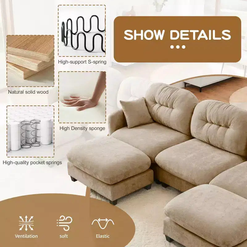 Canapé d'angle en L 74" beige nuage avec ottoman, en tissu chenille doux et mousse haute densité pour les salons
