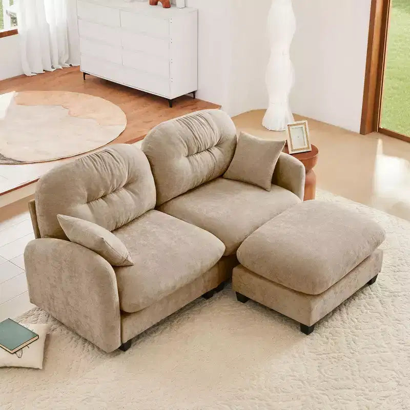 Canapé d'angle en L 74" beige nuage avec ottoman, en tissu chenille doux et mousse haute densité pour les salons