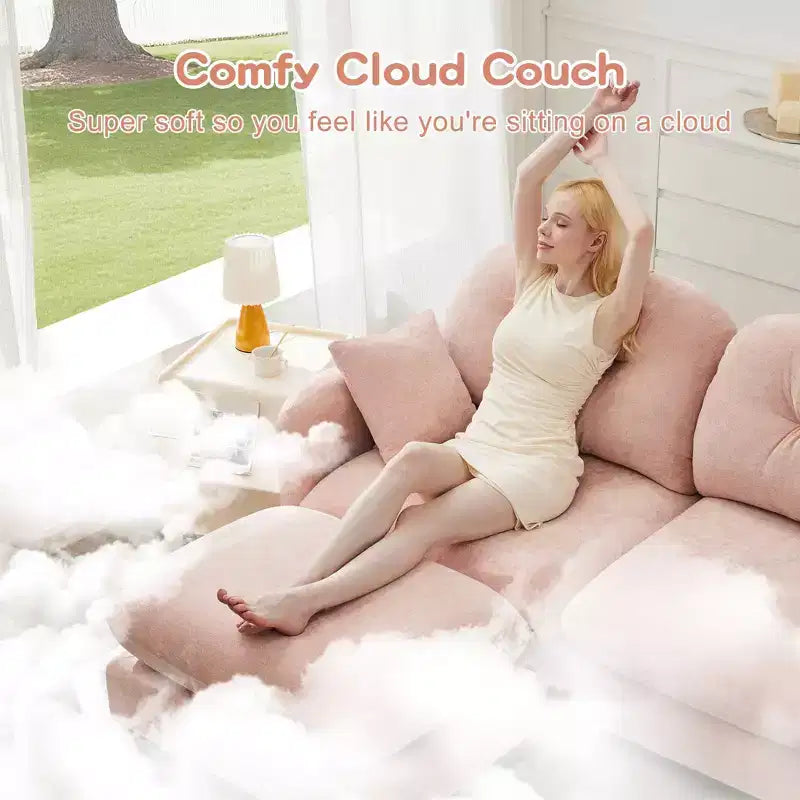 Canapé modulable 3 places beige en tissu chenille en forme de L avec pouf pour salons