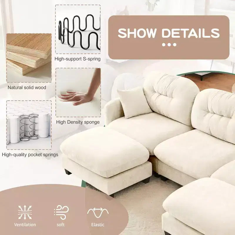 Canapé modulable 3 places beige en tissu chenille en forme de L avec pouf pour salons