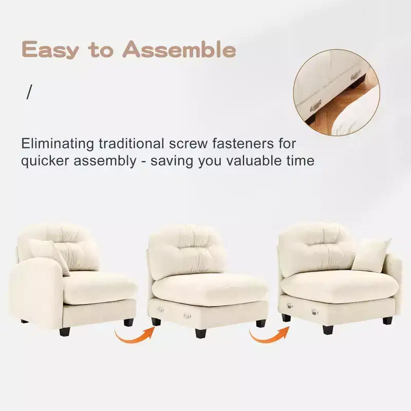 Canapé modulable 3 places beige en tissu chenille en forme de L avec pouf pour salons