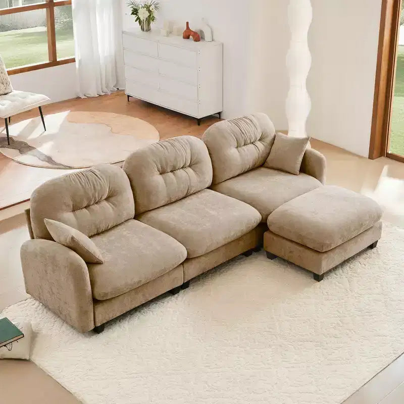 Canapé modulable 3 places beige en tissu chenille en forme de L avec pouf pour salons