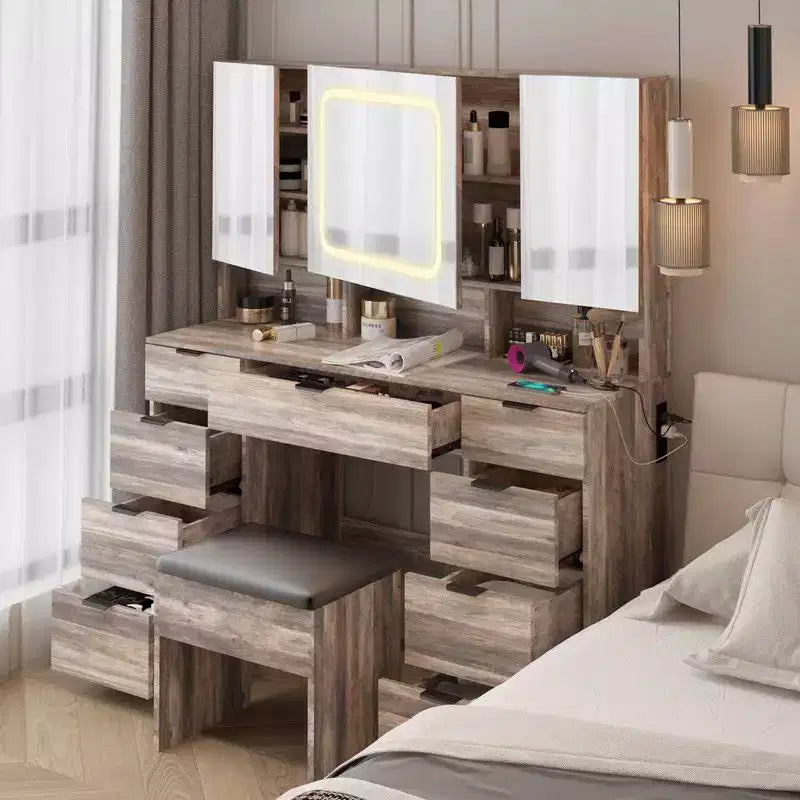 Ensemble coiffeuse avec cabinet à 9 tiroirs et 3 miroirs en aggloméré gris laminé de mélamine texturée