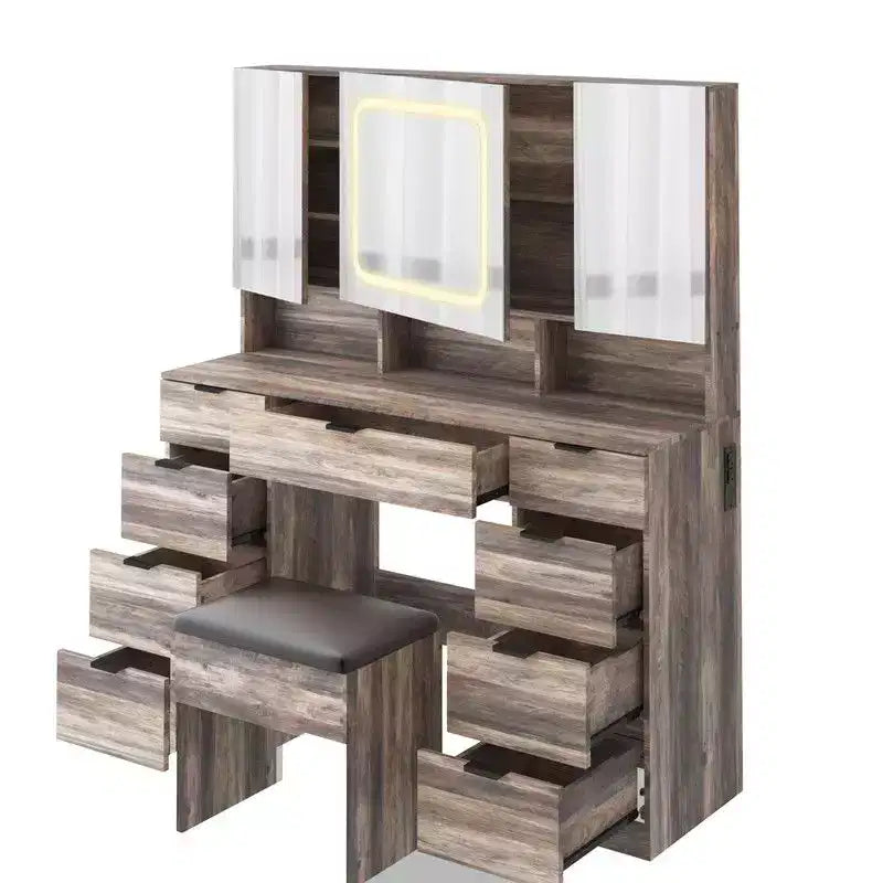 Ensemble coiffeuse avec cabinet à 9 tiroirs et 3 miroirs en aggloméré gris laminé de mélamine texturée